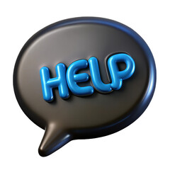 Poster - A 3d rendered speech bubble with the word help in bold blue letters against a dark background
