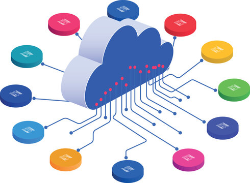 Isometric Computing Blue and white Cloud. A cloud connected to various servers station through a network of lines, with clear space around the graphic for text and transparent background. Technology