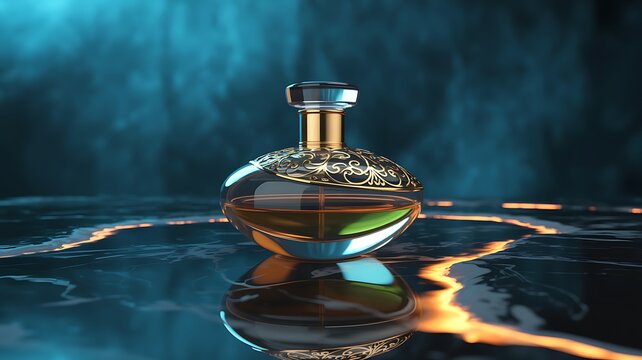 Mystical Golden Perfume Bottle A 3D Render of Elegance and Luxury