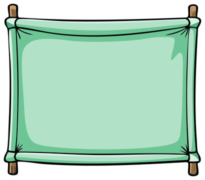 Cartoon illustration of a hanging mint green cloth banner or sign with wooden supports, blank space for text or artwork