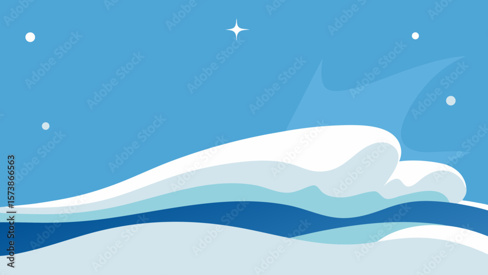 Vector illustration of an abstract winter landscape with snow and ocean waves, a blue sky, and mountains