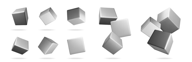 Fototapete - 3D vector set of grey cubic forms floating in the air. Geometric shapes for design element and background. Abstract 3d model illustration.