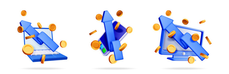 Poster - Financial growth with rising arrow and coins around digital devices. Business success concept for stock market investment.