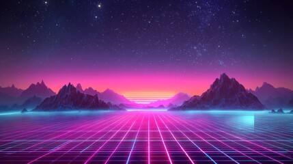 Poster - Neon grid landscape at sunset