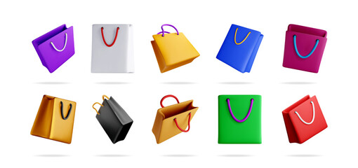 Poster - Set of colorful 3d flying shopping bags. Floating empty paper packages for market, promotion, sale, purchase, retail, shop.