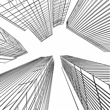 line sketch of modern city low-angle black and white