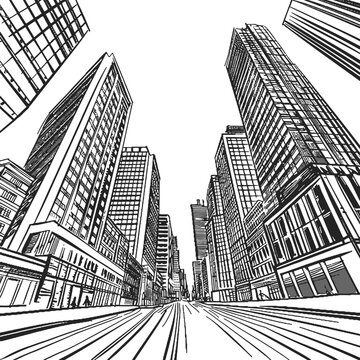 line sketch of modern city low-angle black and white
