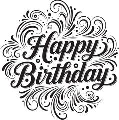 Fototapete - Vector art of decorative happy birthday text with floral swirls isolated on transparent background