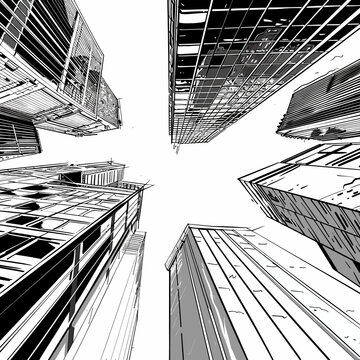 line sketch of modern city low-angle black and white