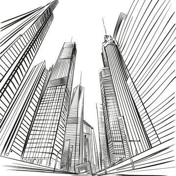 line sketch of modern city low-angle black and white