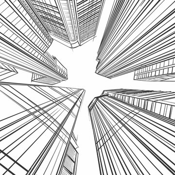 line sketch of modern city low-angle black and white