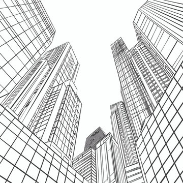 line sketch of modern city low-angle black and white