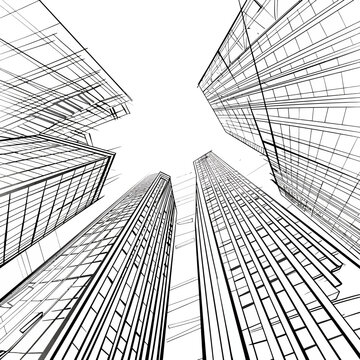 line sketch of modern city low-angle black and white
