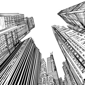 line sketch of modern city low-angle black and white
