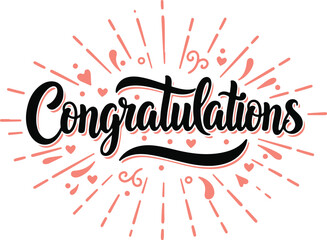 Fototapete - Vector art of congratulations text with festive rays and hearts isolated on transparent background