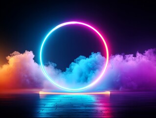 Wall Mural - in a cyber-punk style setting, a blue glowing neon circle creates a mysterious portal