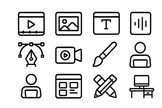 Minimalist media and design icons set for digital content creation