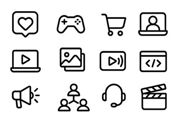 Poster - Minimalist black and white technology icons set with social and media symbols