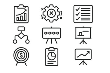 Poster - Linear black icons for business and management on dark background