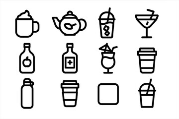 Poster - Minimalist drink icons: coffee, cocktail, tea, juice, beverage symbols in linear design