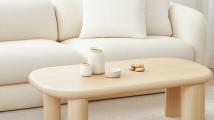Poster - Sunlight illuminating white flowers in a vase coffee on a placed wood light table in a modern living room