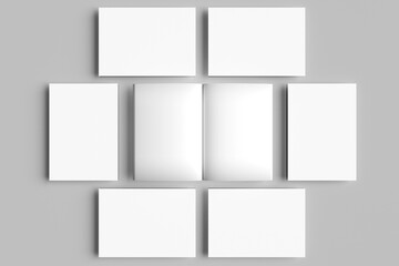 Poster - A4, A3, A5 3D mockups or blank white business cards neatly arranged (horizontally & vertically) isolated on a grey background, Paper Book or magazine