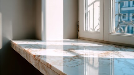 Poster - Bright sunlight streams through a window onto a marble countertop, highlighting its elegant patterns and textures.