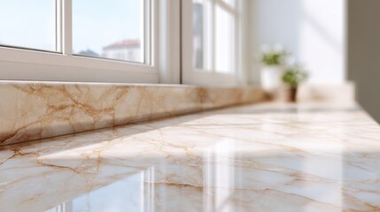 Poster - Bright, modern interior featuring a polished marble surface illuminated by natural light from large windows.