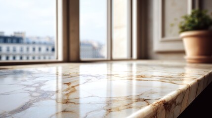 Poster - Polished marble countertop near a window with a city view, featuring natural light and a potted plant for a cozy ambiance.