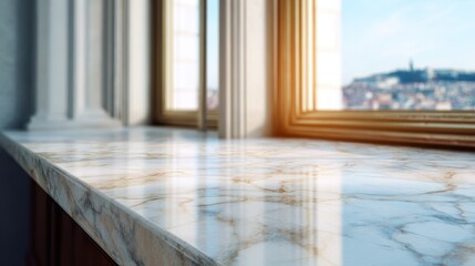 Aufkleber - A marble countertop near a window with a city view, showcasing natural light and elegant design.