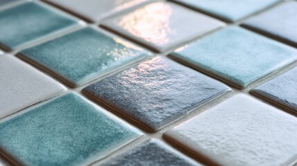 Aufkleber - Textured tiles in shades of blue and white, arranged in a grid pattern, showcasing a glossy finish and modern design.