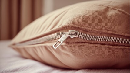 Poster - A close-up of a pillow with a visible zipper, highlighting texture and fabric detail, set against a blurred background.