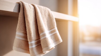 Poster - A soft towel drapes elegantly on a wooden shelf, illuminated by warm sunlight streaming through a nearby window.