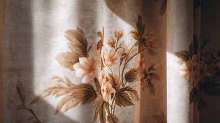 Poster - Sunlight filters through floral-patterned curtains, casting soft shadows on a textured surface, creating a warm and inviting atmosphere.
