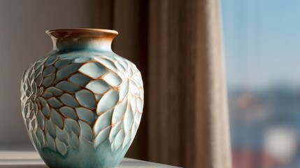 Poster - A beautifully crafted vase with intricate leaf patterns, resting on a table near a window, bathed in natural light.