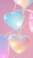 Poster - Festive holiday scene cones, heart shaped ornament, twinkling fairy lights, pine displaying white baubles decorating soft pink background