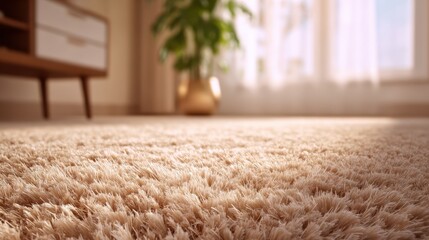 Poster - Soft, textured carpet with natural light filtering in, showcasing a cozy indoor ambiance alongside a potted plant and furniture.
