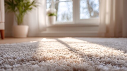 Poster - Soft, fluffy rug with sunlight streaming through a window, creating a warm and inviting atmosphere in a cozy interior space.