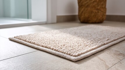 Poster - A soft, textured rug is placed on tiled flooring, adding warmth to the modern interior space.