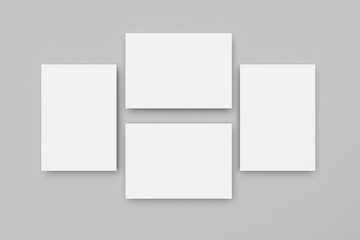 Poster - A4, A3, A5 paper 3D mockups or blank white business cards neatly arranged (horizontally & vertically) isolated on a grey background. Clean and minimalist, for branding or design presentations