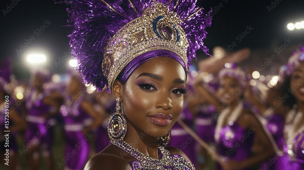 Brazilian samba dancer with purple costume and crown smiling during a ...
