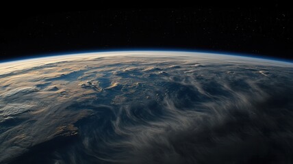 Wall Mural - sunrise glowing over curved earth, reflecting on ocean surface with space darkness surrounding plane