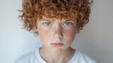 Serious red haired boy with freckles, blue eyes expressing concentrated emotional intensity