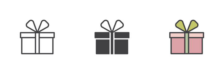 Poster - Gift box icon set in line, solid and filled outline style