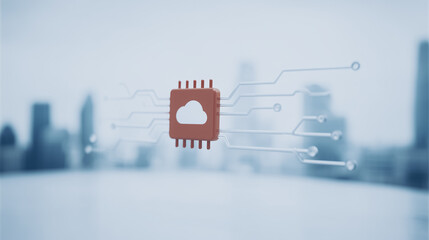 Fototapete - Cloud Computing Icon: An abstract image of a digital cloud icon, representing the ubiquitous nature of modern cloud computing, floats in front of a blurred urban cityscape.