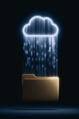 Fototapete - Cloud Data Flow: A digital rendering showcases data pouring down from a luminous cloud into a golden folder, symbolizing secure information storage and seamless transfer of technology.
