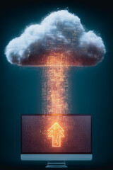 Fototapete - Cloud Data Transfer: A conceptual image of digital data streaming upward from a computer monitor into a cloud, highlighting data transfer and cloud computing.