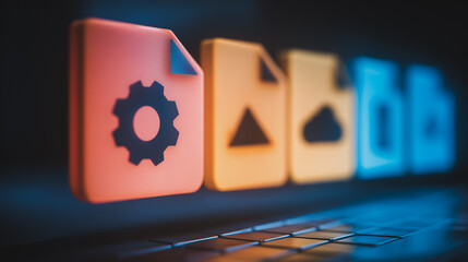 Fototapete - Digital Data Harmony: A collection of vibrant, stylized file icons, each representing different functions, gleam on a futuristic, dark background.
