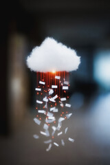 Poster - Digital Cloud and Data Flow: An artistic rendering shows a fluffy white cloud seemingly raining digital data, with red glowing particles and paper forms cascade down.