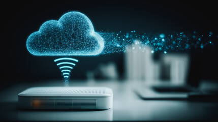 Fototapete - Cloud Computing Network: A digital illustration of a cloud hovering above a modem, symbolizing the connection and accessibility of cloud computing network in a modern technological environment.